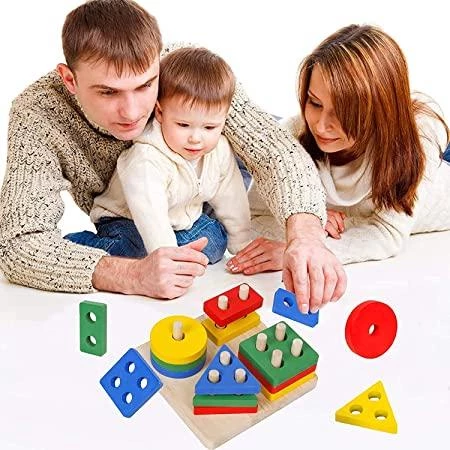 Wooden Sorting & Stacking Educational Toys for Toddlers, Shape Color Recognition Education Puzzle Stacker for 1 2 3 Year