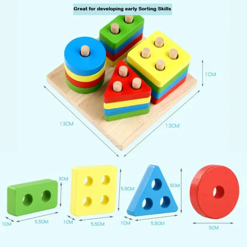 04 Wooden Sorting & Stacking Educational Toys for Toddlers, Shape Color Recognition Education Puzzle Stacker for 1 2 3 Year